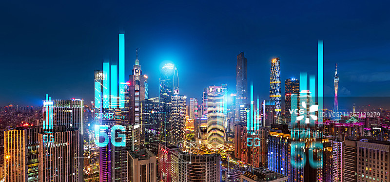 5G网络信号科技快速发展广州夜景CBD天际线城市高楼建筑经济图片素材