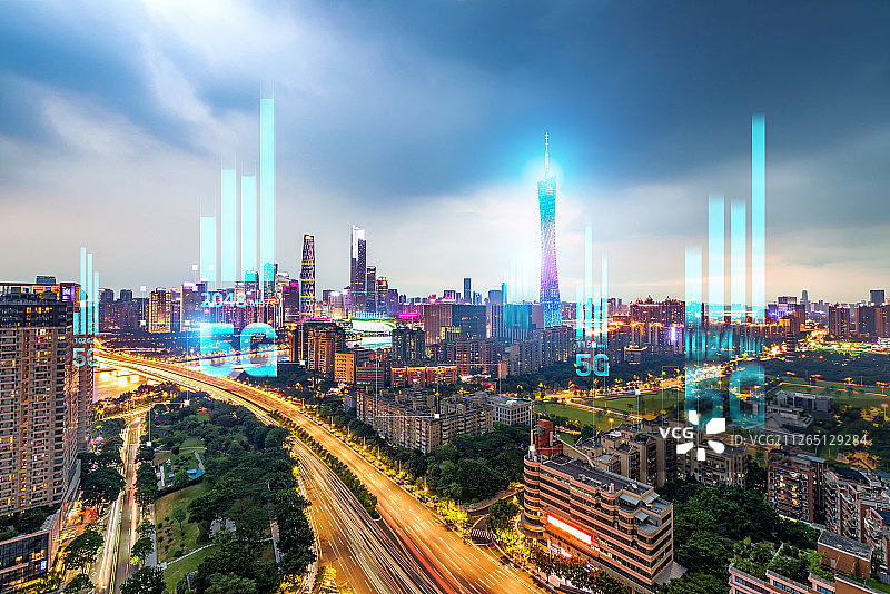 5G网络信号科技快速发展广州夜景CBD天际线城市高楼建筑经济图片素材