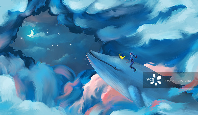 女孩骑着鲸鱼在天空中翱翔图片素材