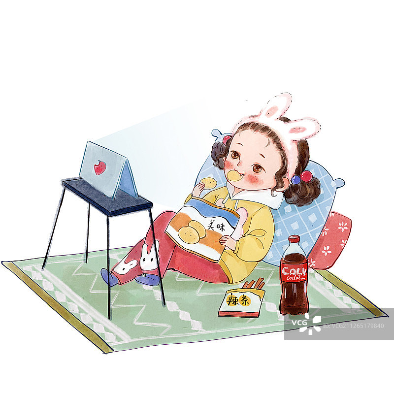 吃零食的小姑娘水彩小清新插画图片素材