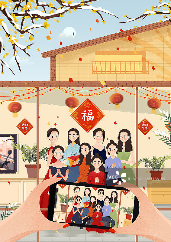 在家里庆祝新年喜气洋洋的美丽可爱女孩们图片素材