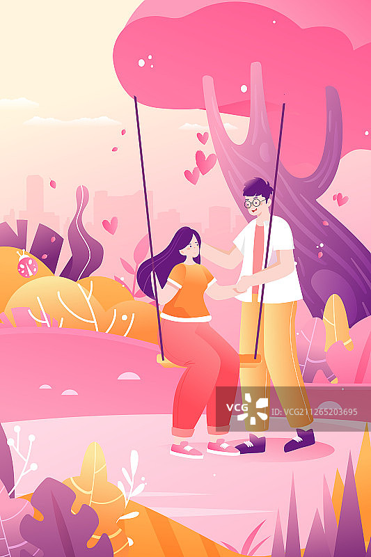 卡通清新七夕情人节情侣荡秋千约会矢量背景插画图片素材