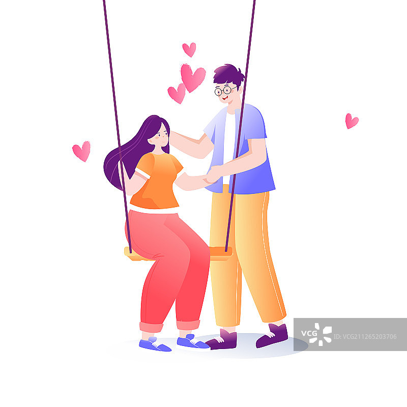 卡通清新七夕情人节情侣荡秋千约会矢量背景插画图片素材