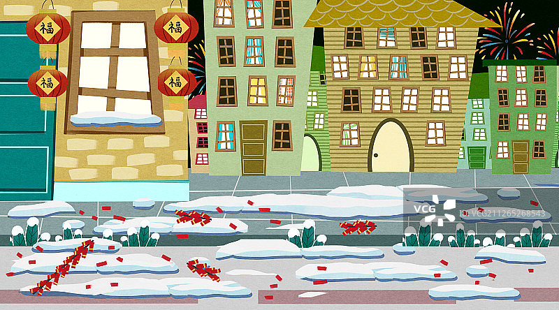 春节年三十夜晚街景插画背景图片素材