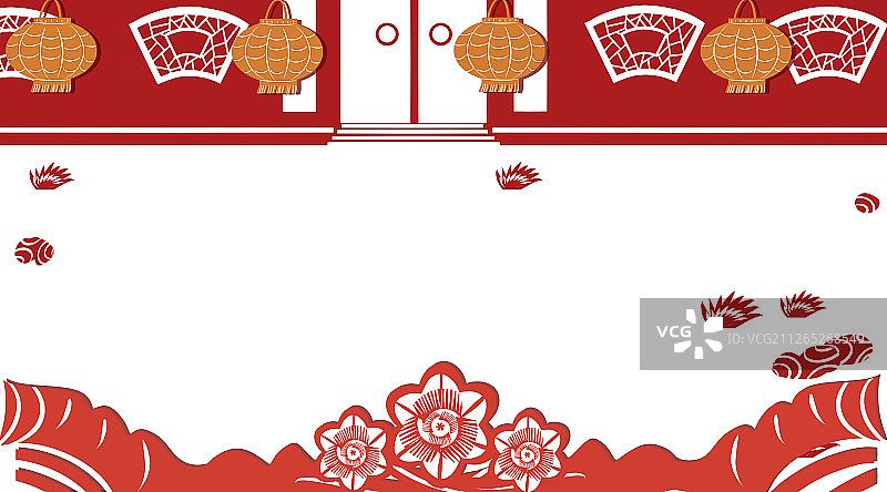 红色剪纸风格春节院子插画背景图片素材