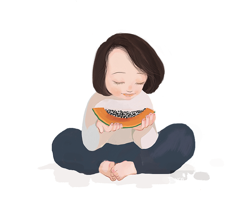 吃木瓜的女孩图片素材