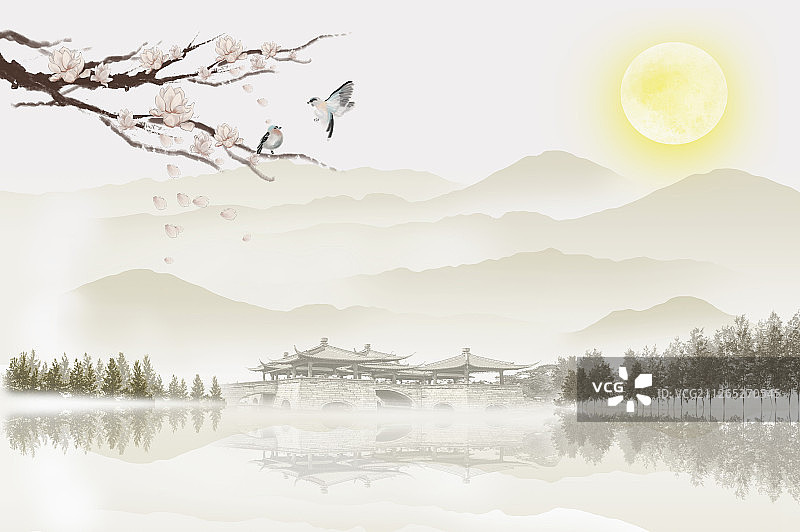 美丽画作结合的山水画图片素材