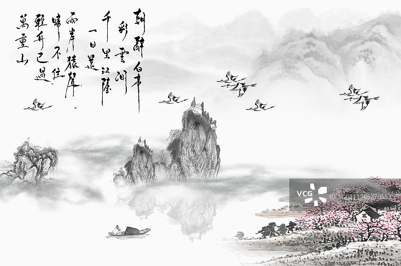 仙鹤与山水画合成图片素材