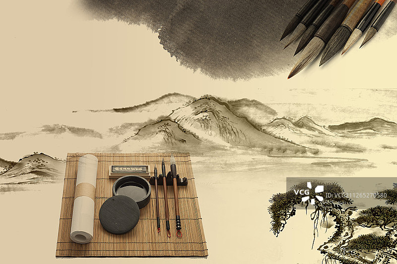 文房四宝及山水画合成图片素材