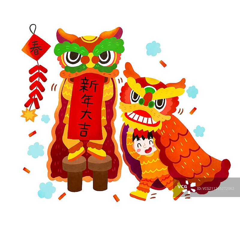 两个孩子正在舞狮子放鞭炮图片素材