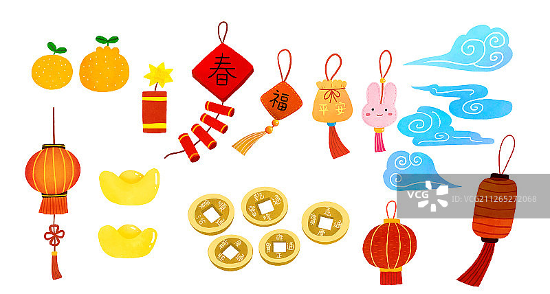 灯笼鞭炮元宝金币各种过年装饰物件图片素材