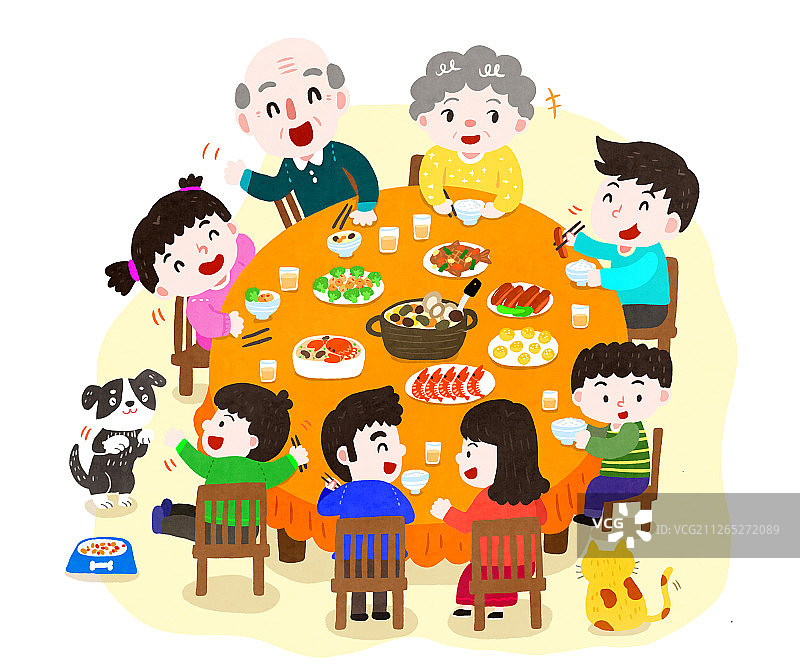 爷爷奶奶爸爸妈妈和孩子三代同堂正在吃年夜饭图片素材