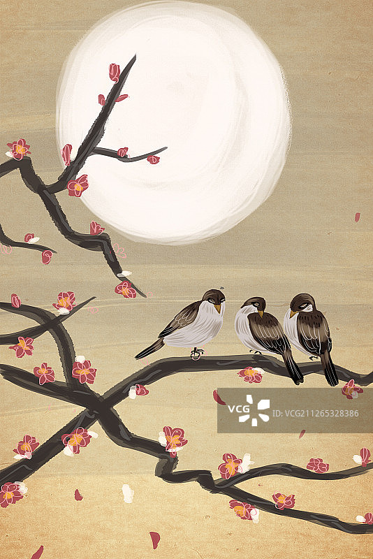 水墨中国风工笔月下小鸟睡觉插画图片素材