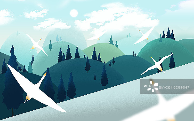 高山上的林中小屋与飞翔的鸟图片素材