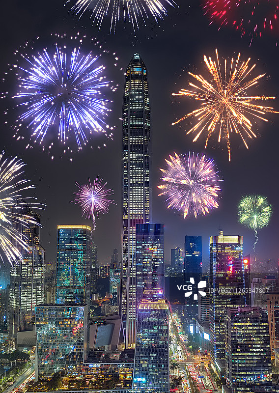 元旦过年春节新年贺岁彩色烟花绽唯美放深圳夜景天际线城市建筑图片素材