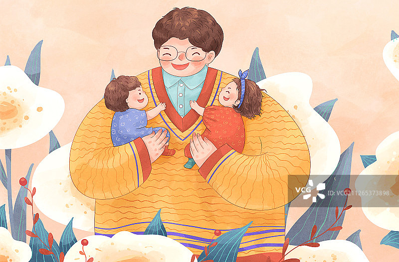 怀抱儿女的开心父亲亲子插画2图片素材