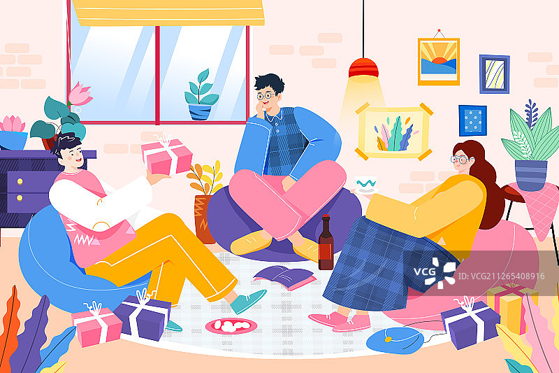 卡通朋友聚会娱乐休闲生活方式住房体验合租活动矢量背景插画图片素材