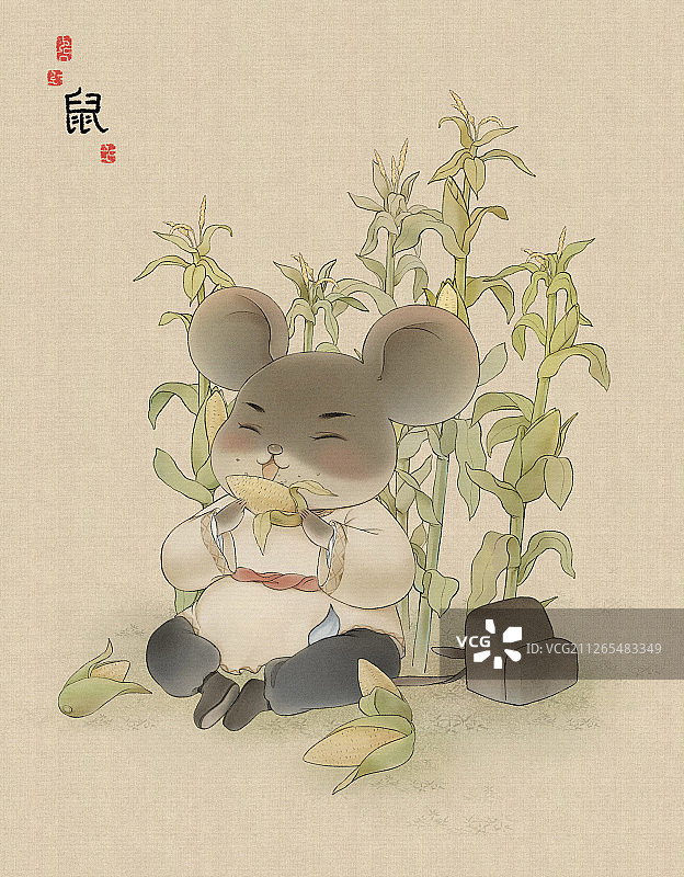 古风工笔十二生肖动物之老鼠插画插图图片素材