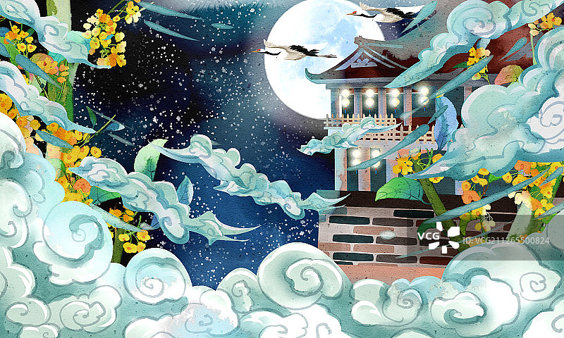 中国风中秋月宫中的月桂树插画图片素材