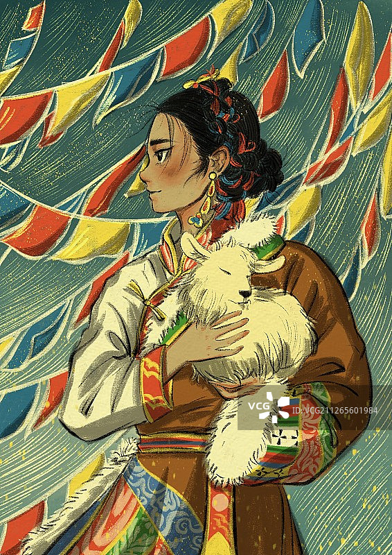 怀抱小羊的藏族少女图片素材