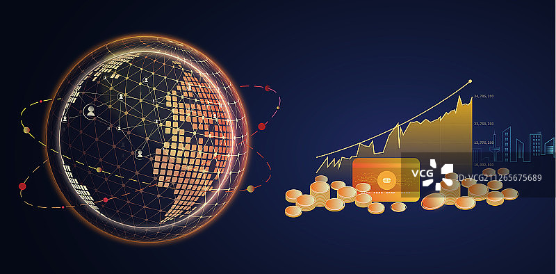 全球化、国际化的金融市场，点线链接数码科技感的地球插画概念图片素材
