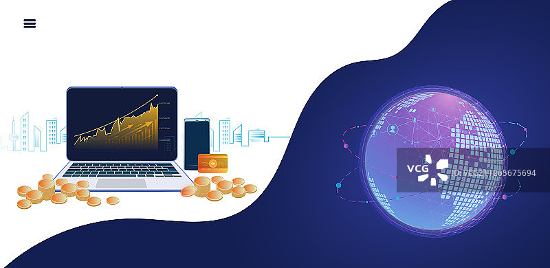 全球化、国际化的金融市场，点线链接数码科技感的地球插画概念图片素材