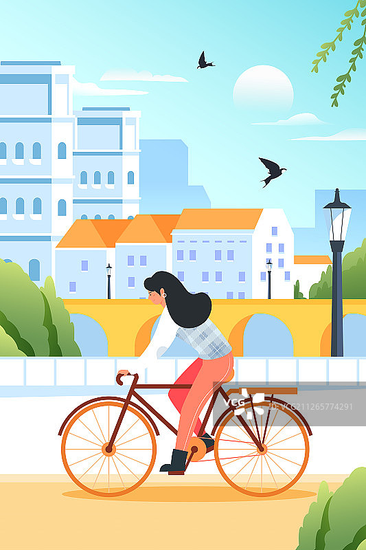 卡通立春出行踏青骑自行车风景背景矢量插画图片素材