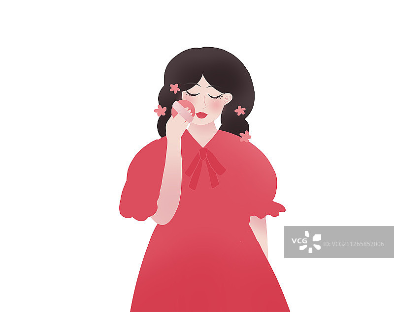 红裙少女拿着粉扑化妆图片素材