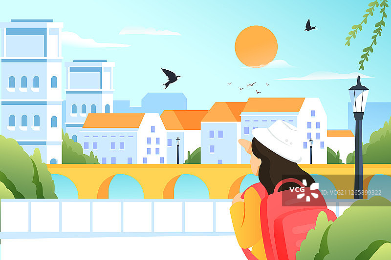 卡通春季立春踏青出游旅行城市风景矢量背景插画图片素材