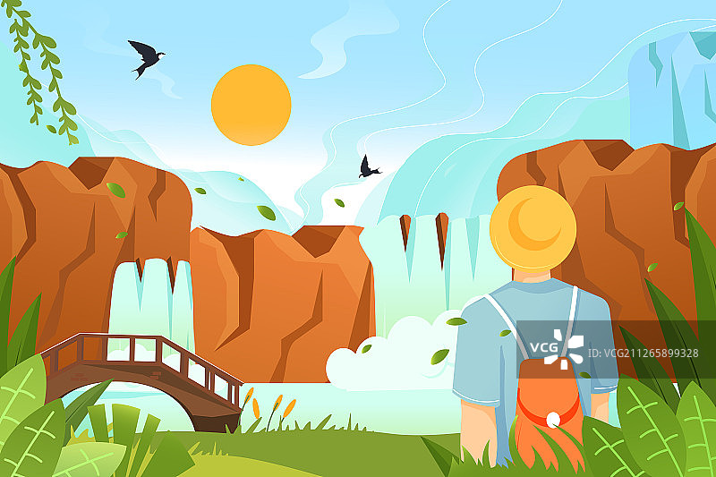 卡通春季立春踏青出游旅行风景矢量背景插画图片素材