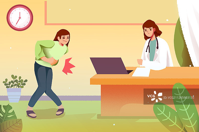 卡通手绘女人胃疼腹痛肚子疼海报插画图片素材