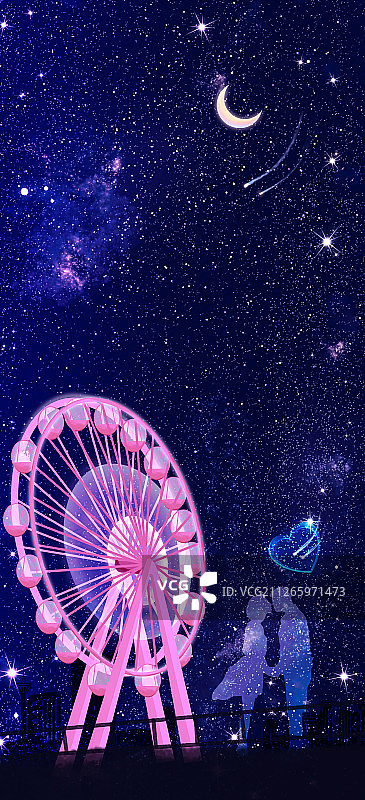 夜晚星空下，情侣在有摩天轮的游乐场里拥抱接吻插画背景图片素材
