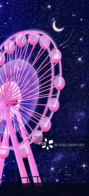 情人节里的夜晚星空下，一对情侣在游乐园坐在摩天轮欣赏城市夜景图片素材