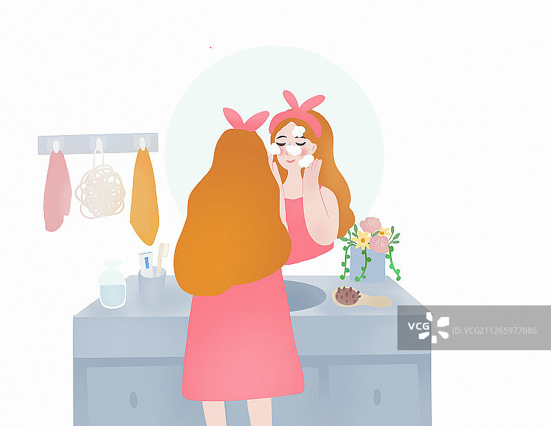 女生在洗头台的镜子前洗脸的日常生活图片素材