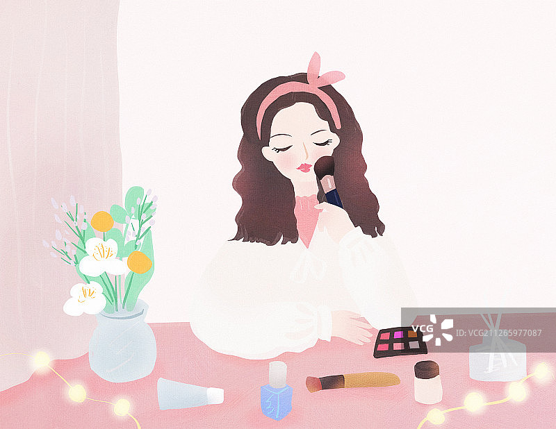 可爱的少女拿着化妆刷的卡通插画图片素材