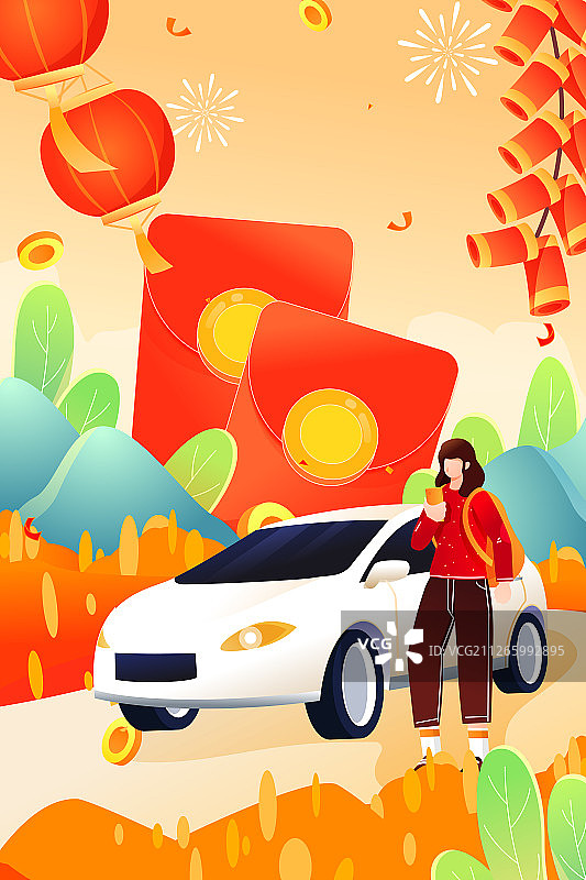 卡通2020鼠年新年家人回家过年春运中国风背景矢量插画图片素材