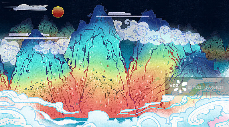 中国风仙山插画背景图片素材