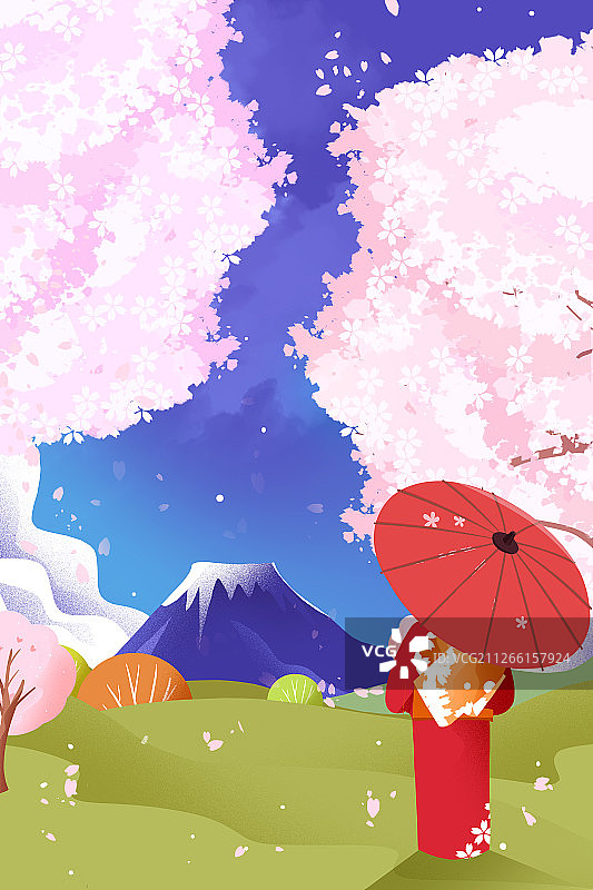 卡通手绘日本樱花富士山场景插画图片素材