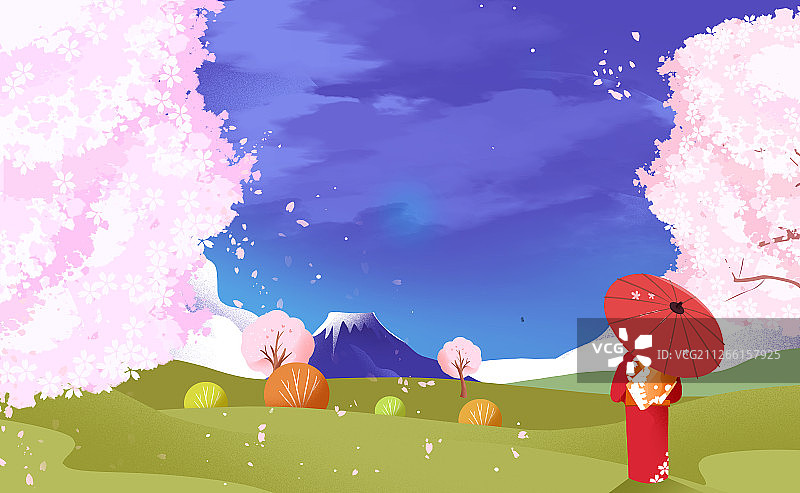卡通手绘日本樱花富士山场景插画图片素材