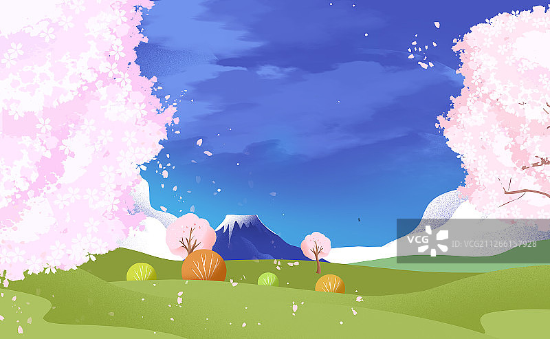 卡通手绘日本樱花富士山场景插画图片素材