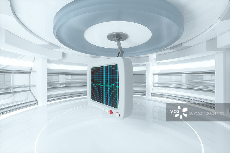 科幻房间内绿色屏幕上的心脏图曲线 三维渲染图片素材