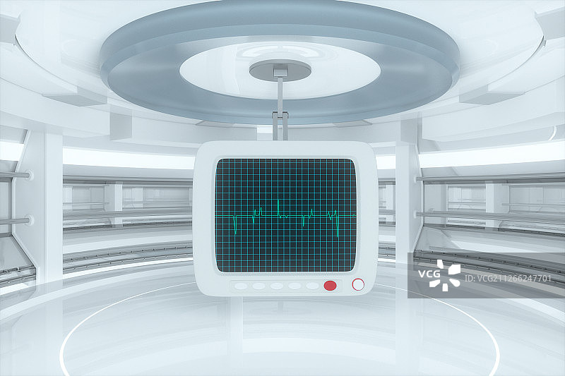 科幻房间内绿色屏幕上的心脏图曲线 三维渲染图片素材