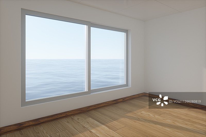 木地板的空房间 窗外是大海与阳光 三维渲染图片素材