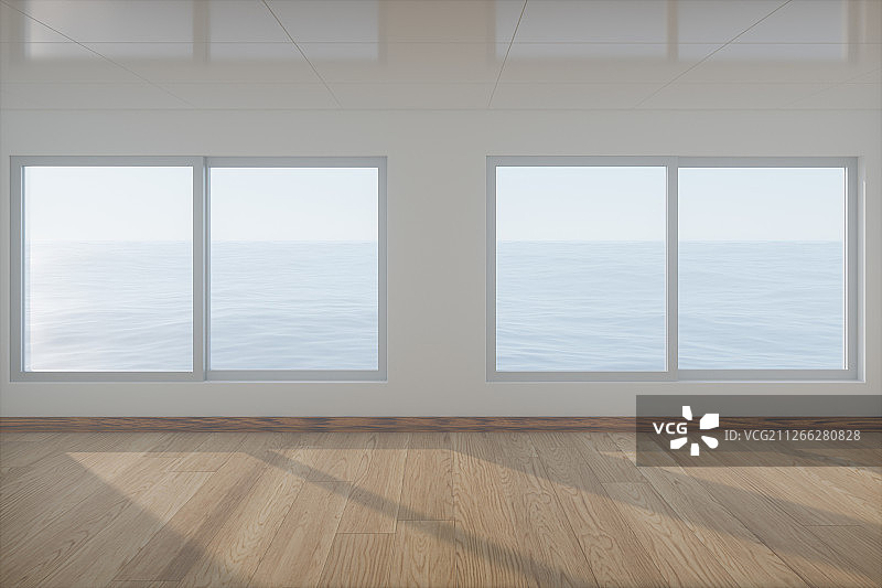 木地板的空房间 窗外是大海与阳光 三维渲染图片素材
