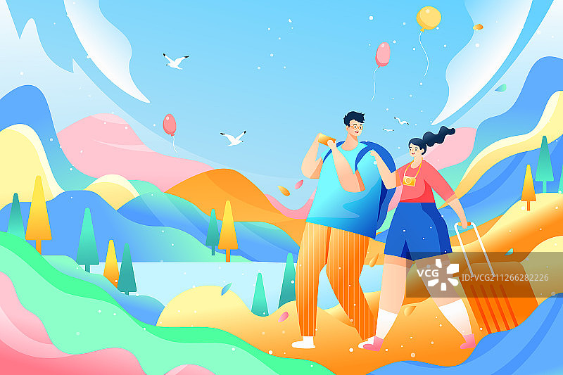 卡通清新情人节浪漫情侣约会旅游出行踏青背景矢量插画图片素材
