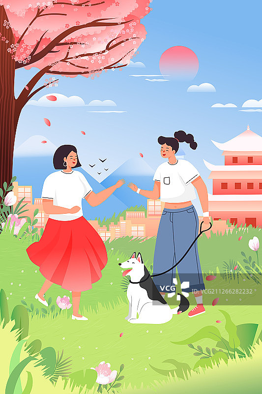 卡通清新妇女节女生节闺蜜出游背景矢量插画图片素材