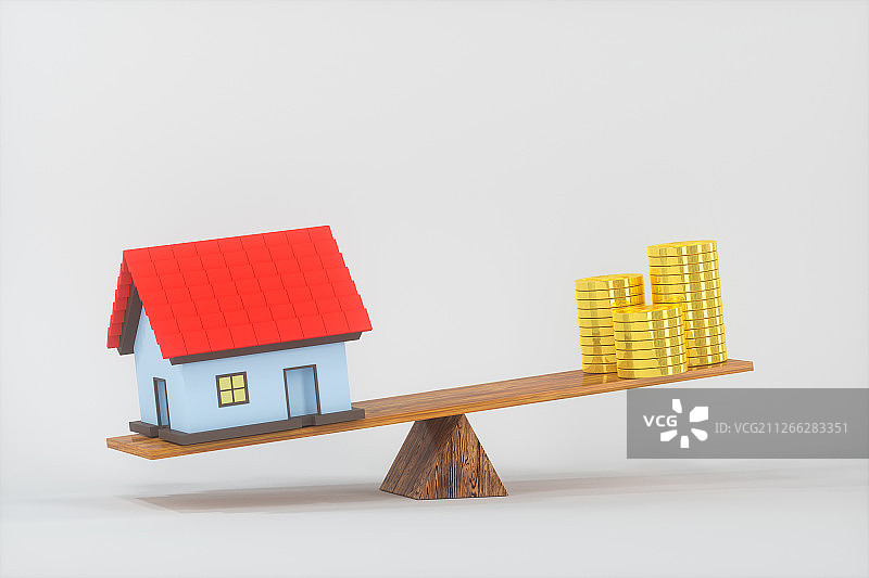 木制天平上的房屋与金币 三维渲染图片素材