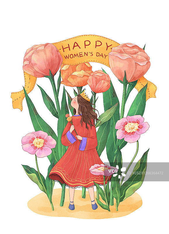 清新花朵与女孩插画带文字白底图片素材