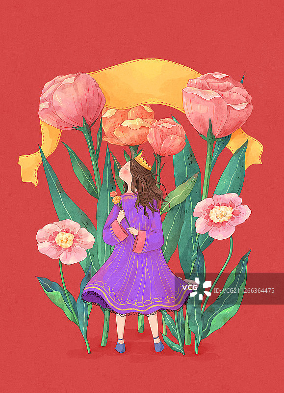 清新花朵与女孩插画红底图片素材