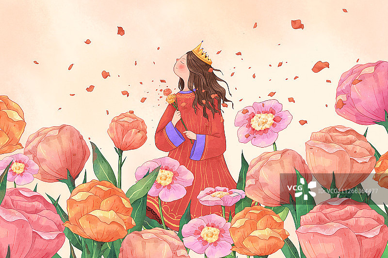 清新花朵与女孩插画横版图片素材